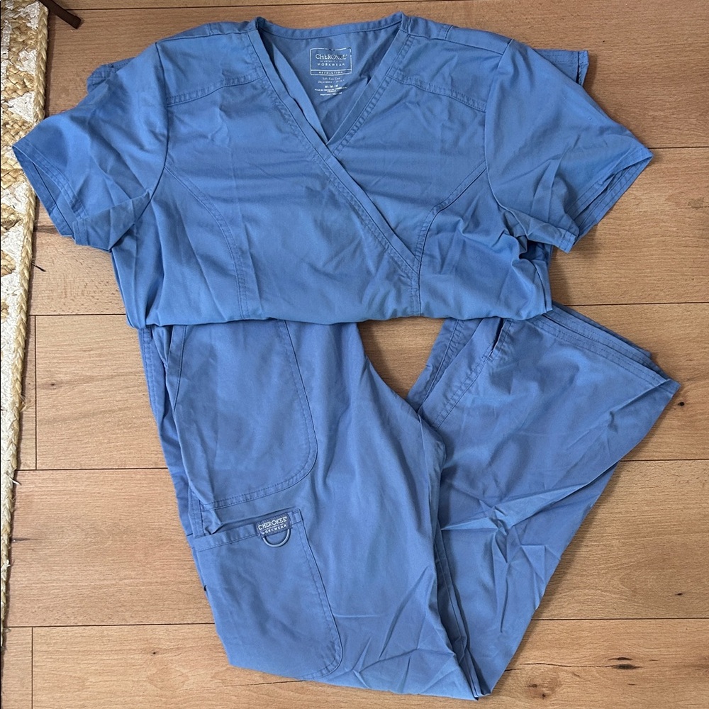 Cherokee Blue V-Neck Scrub Top and Pants Set